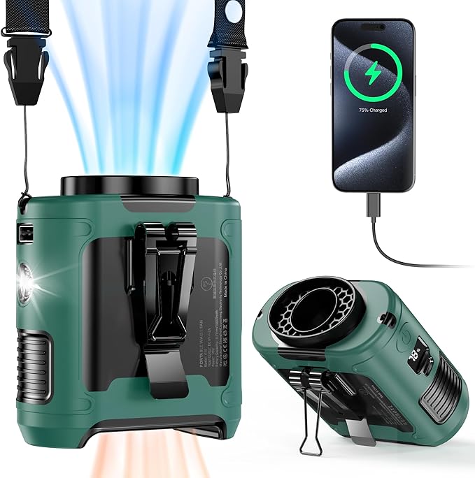 10000mAh Portable Waist Clip Fan - 40H Cooling Personal Wearable Fan,5 Speeds 16000RPM Strong Belt Fan,Rechargeable Hands-free Neck Fan With Flashlight for Outdoor Jobsite Camping Traveling