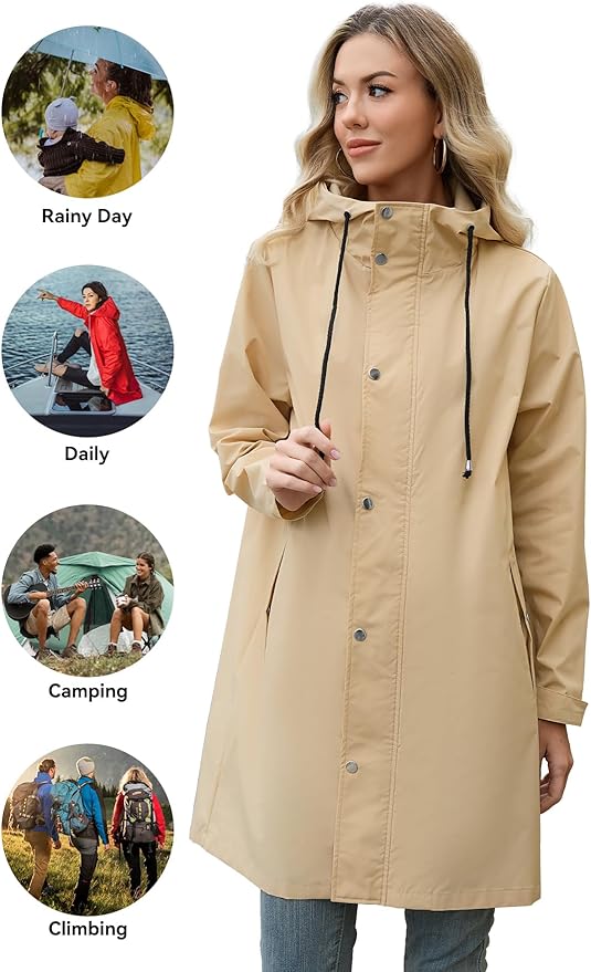 Zando Long Packable Rain Jacket Women Waterproof - Raincoat for Women Rain Coat with Hood Lightweight Outdoor Windbreaker