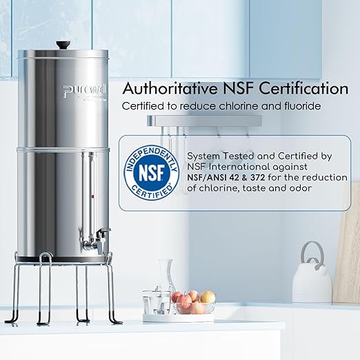 Purewell 7-Stage 0.01μm Ultra-Filtration Alkaline Water Filter System with 4 Filters, Metal Water Level Spigot and Stand, 304 Stainless Steel, Reduce Fluoride & Chlorine, pH 8-9, 2.25G, PW-OB-FT
