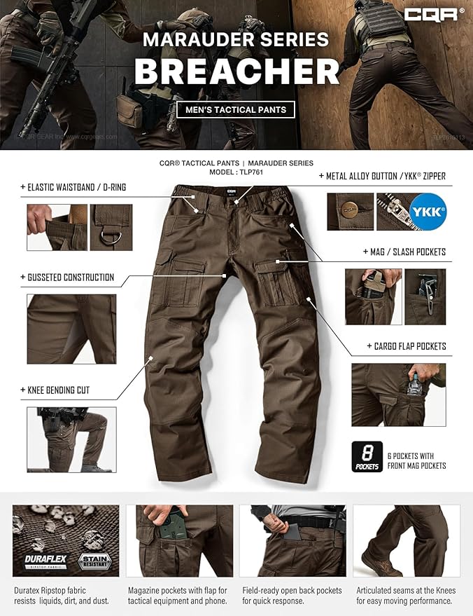 CQR Men's Flex Ripstop Tactical Pants, Water Resistant Stretch Cargo Pants, Lightweight EDC Hiking Work Pants