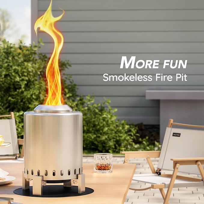 Mini Smokeless Tabletop Fire Pit with Pan Stand, Portable Stainless Steel Firepit Stove for Camping, Burns Pellets or Wood, Includes Travel Bag, Silver
