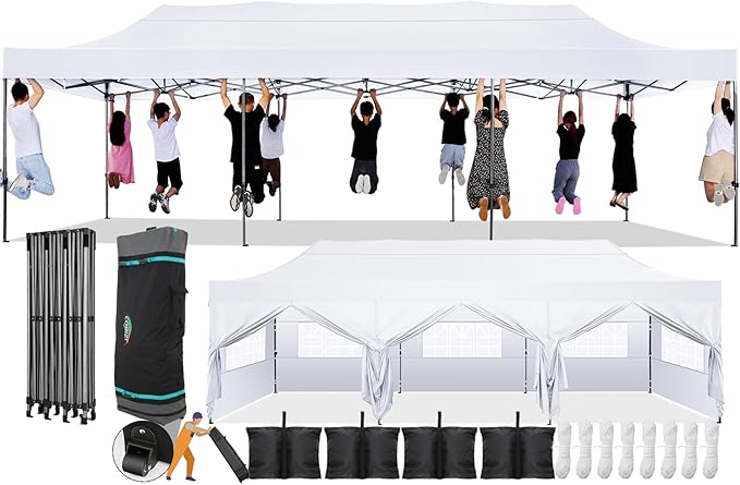 COBIZI 10x30 Pop Up Canopy with 8 Sidewall,Heavy Duty Canopy UPF 50+ All Season Wind Waterproof Commercial Outdoor Wedding Party Tents for Parties Canopy Gazebo with Roller Bag(10 x 30 ft White)
