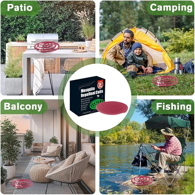 24 Mosquito Coils with 6 Metal Stands, 6-8 Hours/Burn Mosquito Repellent Outdoor Patio, Garden, Camping & Backyard Mosquitoes Repelling, Natural Mosquito Repellent Coils Safe for Kids & Pets