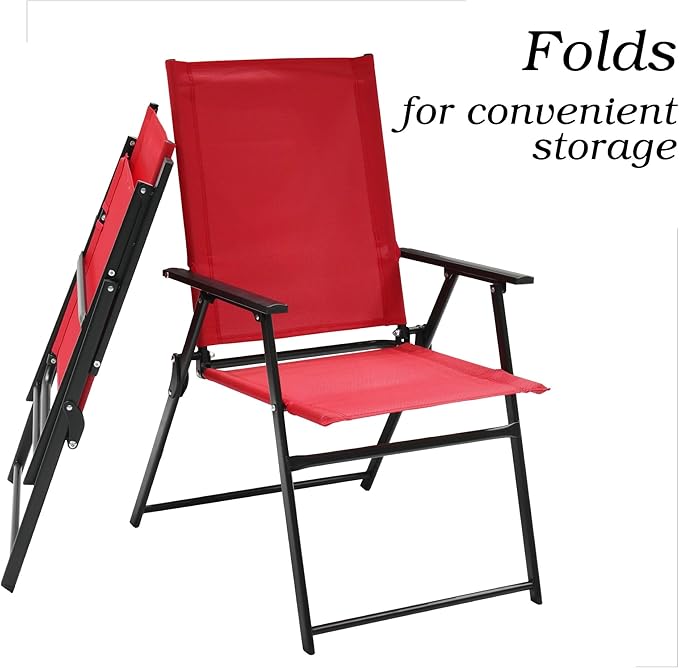 4 Piece Folding Patio Dining Chairs with High Back and Armrests, Red Sling Chair
