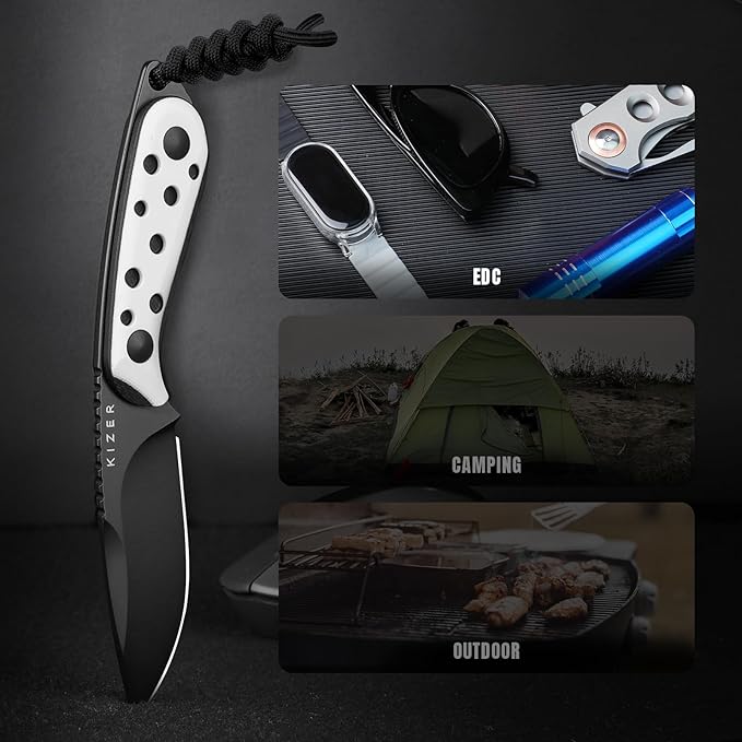 Kizer Buddy Fixed Blade Knife, 3" Nitro-V Steel Camping Knife with Black & White G10 Handle, Compact EDC Fixed Blade Knives with Sheath for Hiking & Camping 1081A3