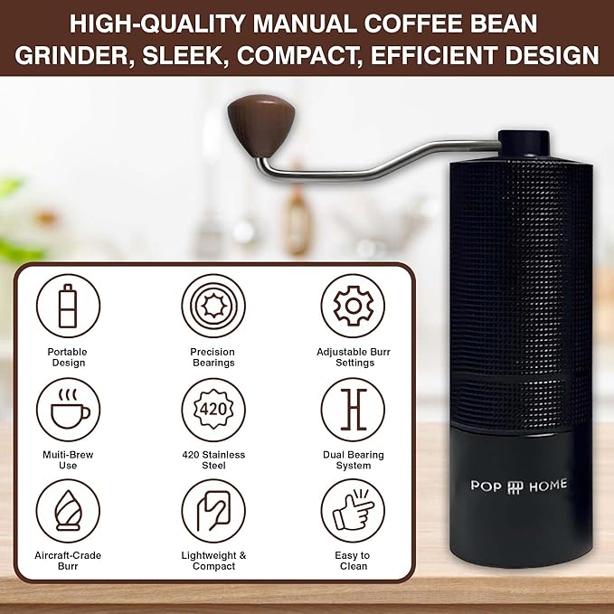 Manual Coffee Grinder with Brush - Stainless Steel Handheld Burr Mill, Adjustable Grind Settings for Espresso, Pour Over, French Press & Cold Brew, Portable Hand Coffee Grinder