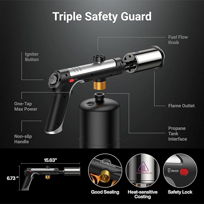 Propane Torch with One-Touch Max Fire, Cooking Blow Torch Gun with a Safety Lock, Charcoal Lighter, Flame Thrower, Kitchen Food Torch Head for Grill, Sous Vide, BBQ (Tank Not Included)