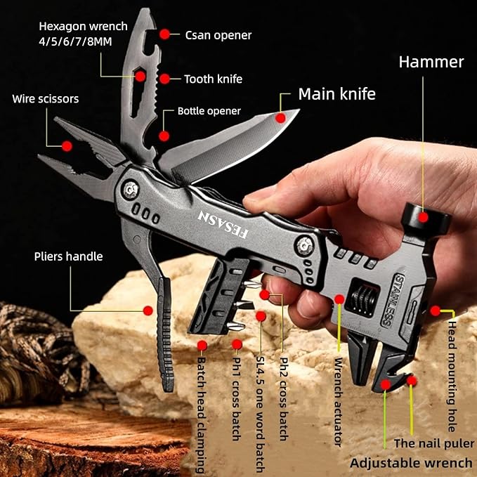 Adjustable Wrench Multitool Hammer, 16 in 1 Pocket Multi Tool Pliers, All-in-One Survival Camping Multi Tool Apply to Home DIY, Survival, Camping and Everyday Use