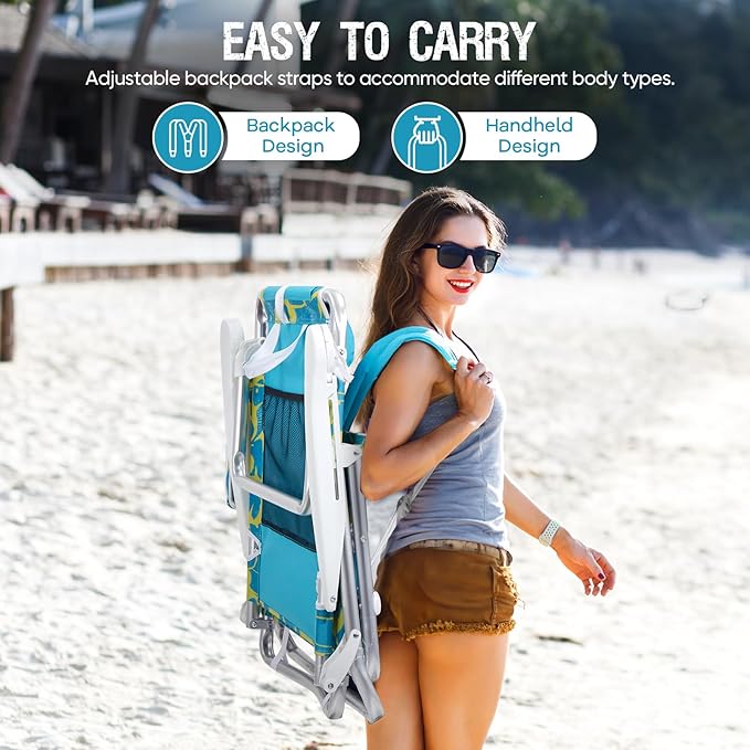 Reclining Beach Chair Backpack 5-Position Lay Flat Lounge Chair for Adults Heavy Duty Portable Folding Lightweight with Cooler Bag Camping Chair for Sand Outdoor