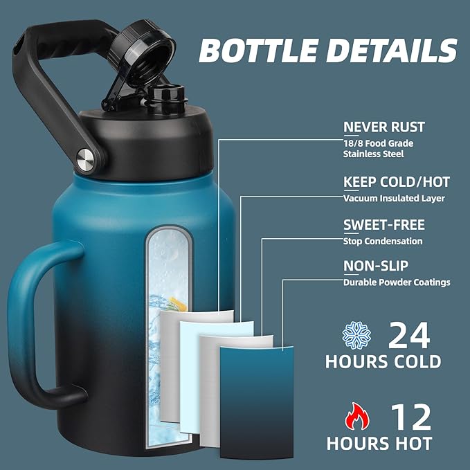 BJPKPK 64oz Insulated Water Bottle with Handle, Large Dishwasher Safe Half Gallon Water Bottle, BPA Free Water Jug, Wide Mouth Metal Water Bottle with Anti-slip Bottom, Keep Cold & Hot, Blue & Black