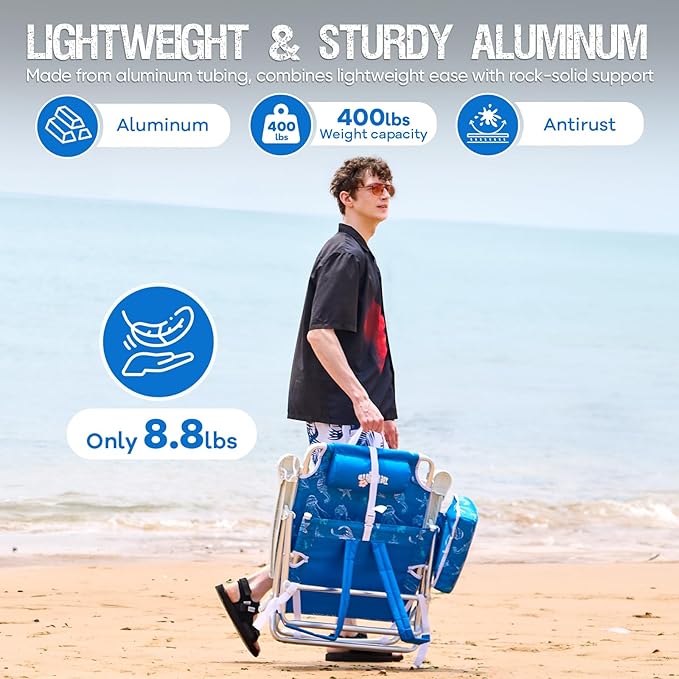 Reclining Beach Chair Backpack 5-Position Lay Flat Lounge Chair for Adults Heavy Duty Portable Folding Lightweight with Cooler Bag Camping Chair for Sand Outdoor