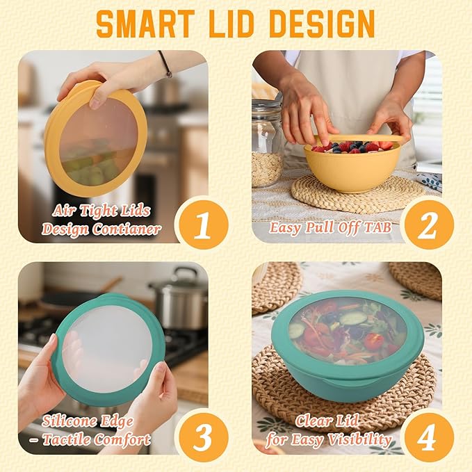 Homienly Wheat Straw Bowls with Lids, 40 OZ Cereal Bowls with Lids, 4 Sets, Alternatives to Plastic Bowl, Salad Container for Lunch, Microwave and Dishwasher Safe Bowl for Kitchen, RV, Camping, Multi