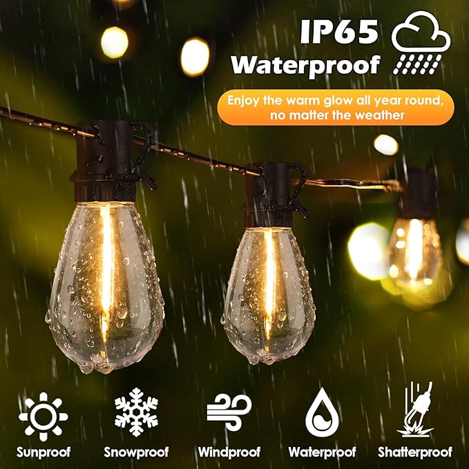 192FT(2x96FT) LED Outdoor String Lights, Patio Lights with 60+3 Shatterproof Waterproof 2700K Dimmable Bulbs, Linkable Light for Balcony-Black