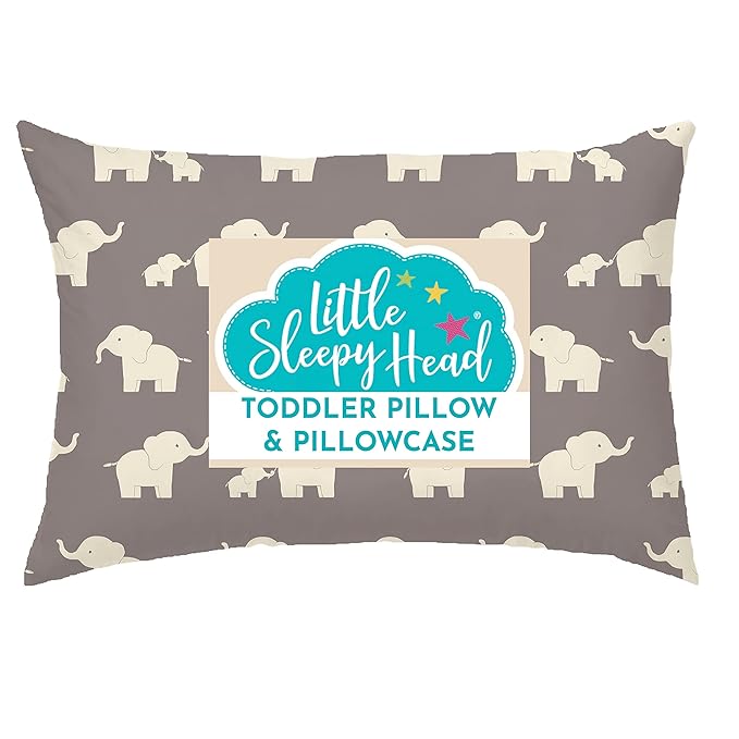 Little Sleepy Head Toddler Pillow with Pillowcase 13x18 - Kids Pillow for Sleeping - Better Neck Support Ergonomic Pillow and Toddler Pillowcase - Best Pillows for Kids (Elephant Gray)