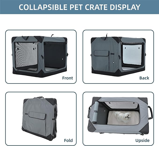 Pettycare 30 Inch Collapsible Dog Crate for Medium Dogs, 4-Door Foldable Soft Dog Kennel with Chew Proof Mesh Windows, Indoor & Outdoor Travel Dog Crate