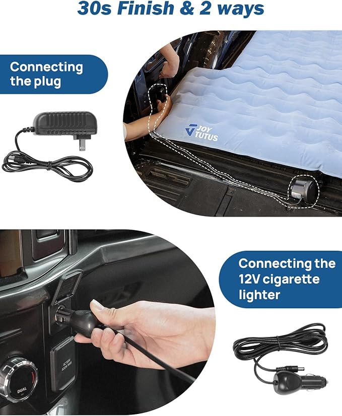 JOYTUTUS Upgraded Light Version Truck Bed Air Mattress for Camping, Thicken Inflatable Mattress for 5.5-5.8Ft Short Truck Bed,with Built-in Cup Holder&2 Inflatable Pillow,Full-Size,Grey Blue
