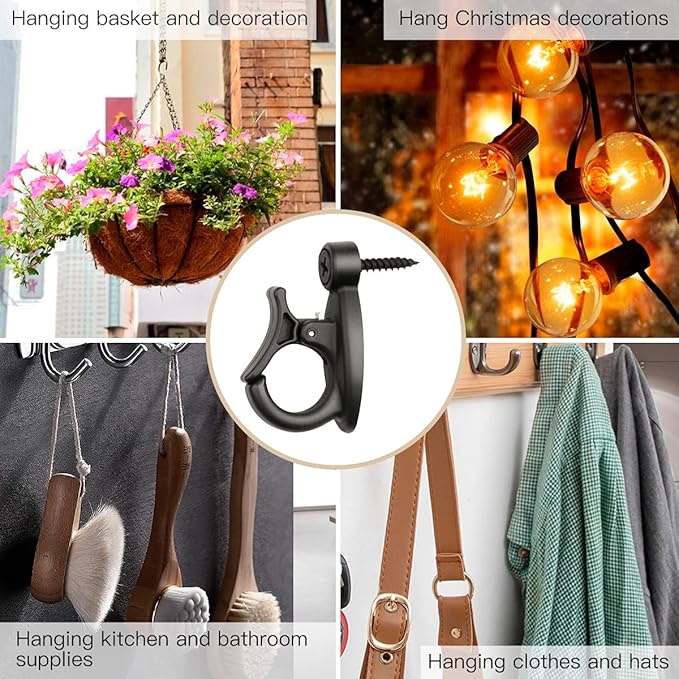 Light Hanger Hooks,String Light Hooks,Screw-in Hooks for Hanging String Lights and Wire,Plants,Wind Chimes,Plastic,Black,20 Pack
