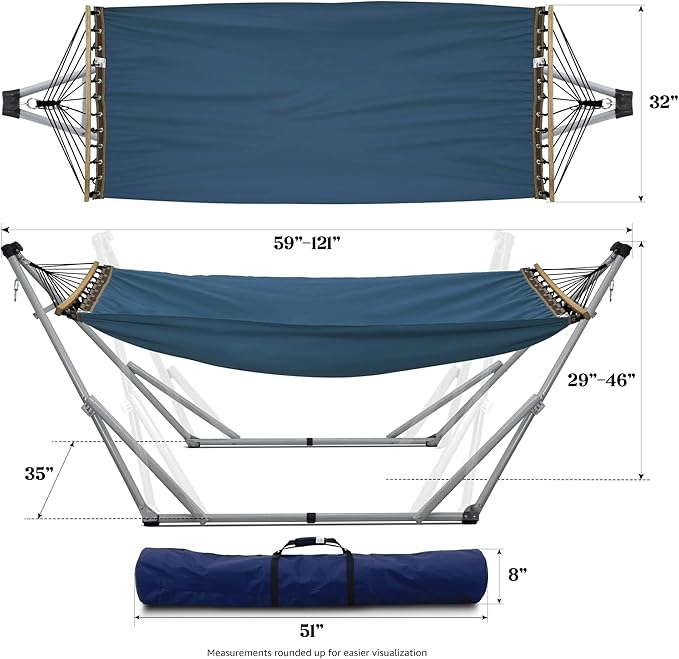 Tranquillo Ultimate Relaxation Portable Hammock Stand, Foldable Hammock Stand with Canvas Hammock, Spreader Bar, Quick Fold Unfold in 30 Seconds Steel Frame Hammock 600 lbs Capacity, White/Blue