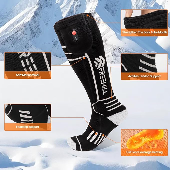 FREEHILL Merino Wool Heated Socks for Men Women, 5000mAh One-Click Control Rechargeable Cold Weather Heated Ski Socks