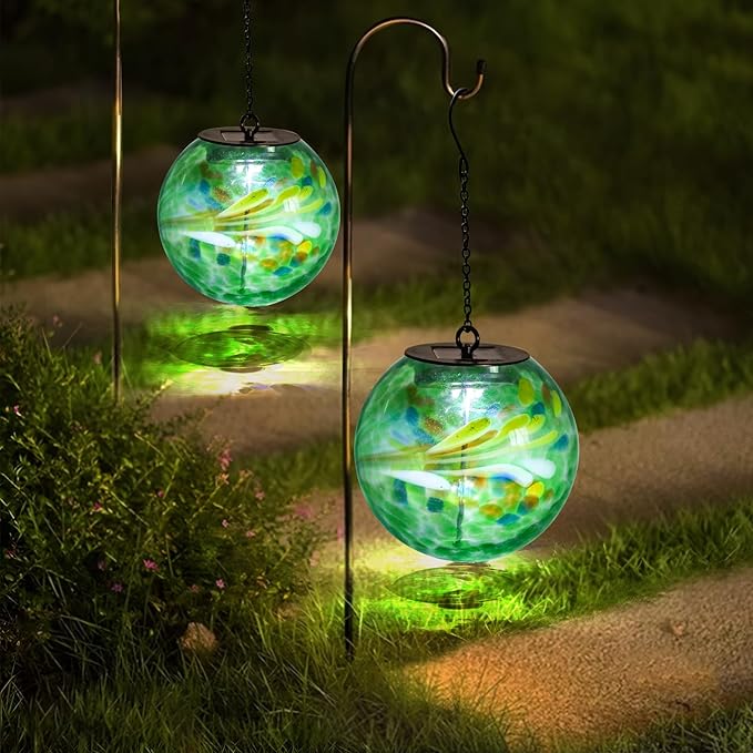 Solar Hanging Lanterns Outdoor Solar Glaze Glass Lantern Globe Hanging Outdoor Lights for Garden Yard Home Decoration Green