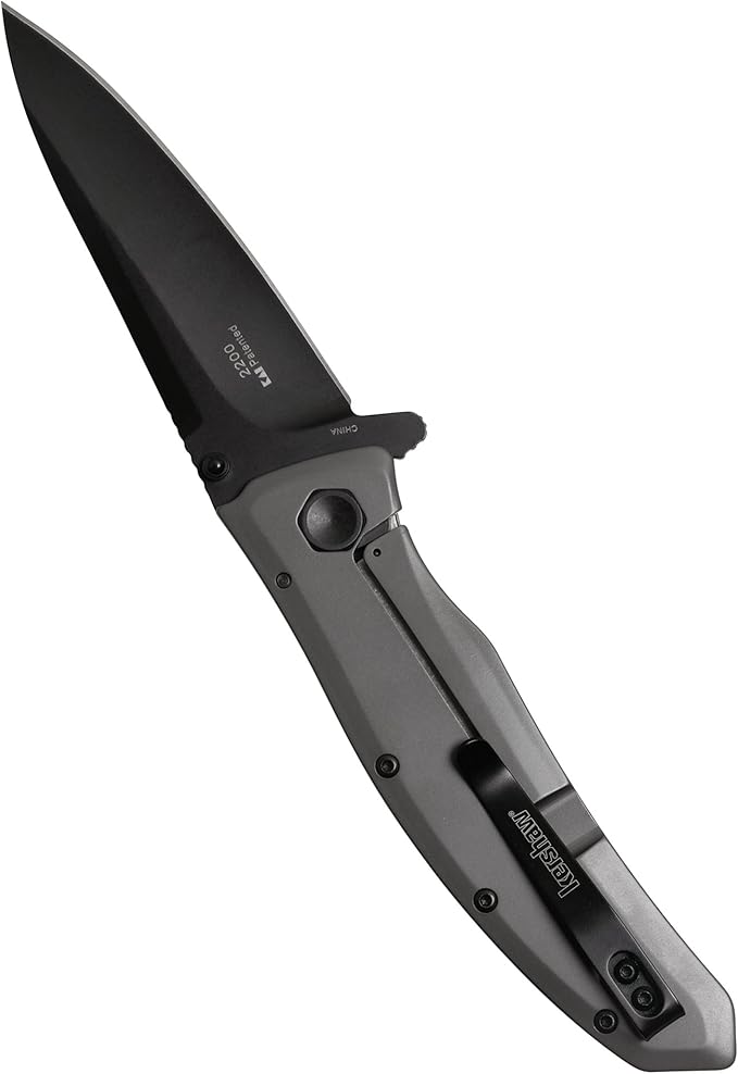 Kershaw Grid Pocketknife, 3.7" 8Cr13MoV Steel Drop Point Plain Edge Blade, Assisted One-Handed Flipper or Thumb Stud Opening, Frame Lock EDC,Grey/Black