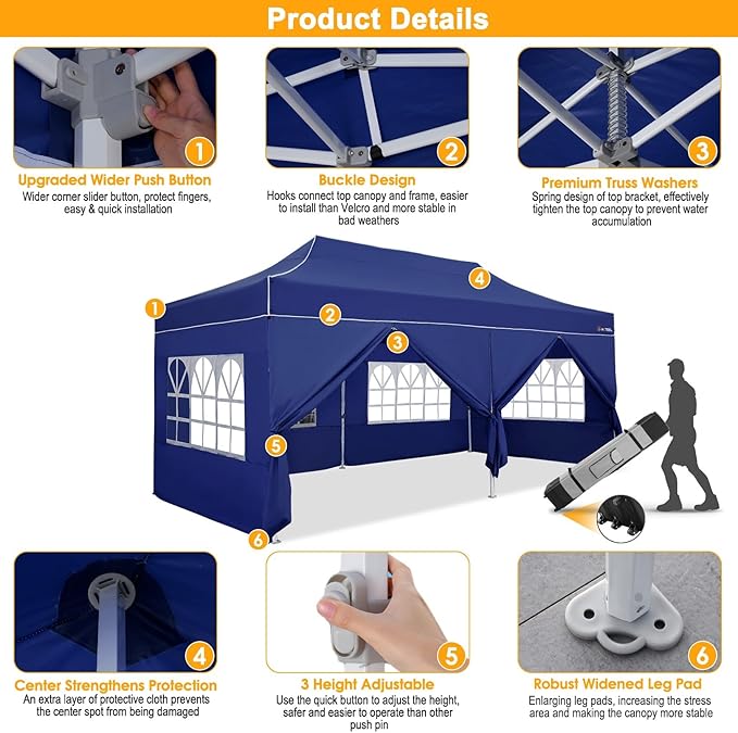 HOTEEL 10x20 Heavy Duty Pop Up Canopy Tent with Sidewalls, Commercial Outdoor Canopy Tents for Parties Event Wedding with Roller Bag, Waterproof & UV 50+, Upgraded Thickened Hexagonal Legs, Deep Blue