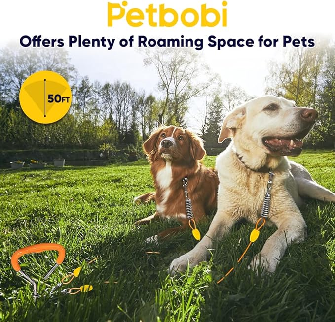 Petbobi Dog Tie-Out Cable and Stake - 50ft Heavy Duty Cable with Spring, No Tangle, 16in Ground Stake, Ideal for Yard, Camping and Beach, Suitable for Small Medium Large Dogs Up to 120 lbs, Orange