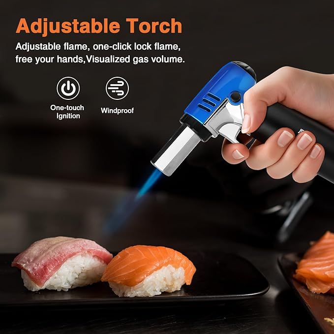 Butane Torch Lighter Refillable with Adjustable Flame Kitchen Torch for Creme Brulee Baking BBQ Cooking Soldering One Hand Operation with Fuel Window Safety Lock (Butane Gas Not Included)