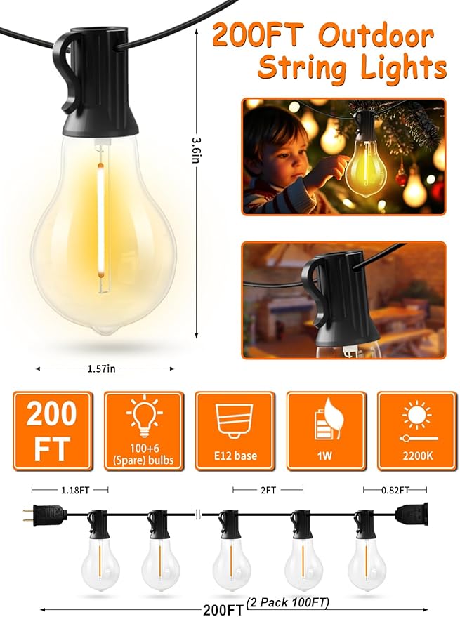 200FT Outdoor Lights with 106 Shatterproof Bulbs(6 Spare), IP45 Waterproof Outside String Lights, Patio String Lights Hanging for Party, Yard, Porch, Bistro, 2200K Adjustable Warm White Light