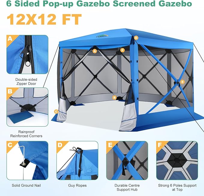 COBIZI 12x12 Pop up Gazebo Screen House Tent for Camping, Outdoor Canopy with Removable Roof & Mosquito Netting, Portable Hub with Carrying Bag and Ground Stakes, Blue