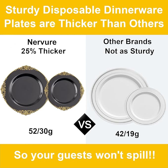 Nervure 100PCS Black Gold Plastic Plates - 7.5 inch Black Plastic Plates with Gold Rim - Disposable Dessert Plates for Wedding & Independence Day & Halloween