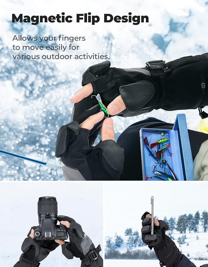KEMIMOTO Mens Flip Magnetic Heated Gloves, Water-Resistant, Electric Rechargeable Battery 2pcs 7.4V Touchscreen Heating Gloves for Ice Fishing, Skiing, Motorcycling, Camping