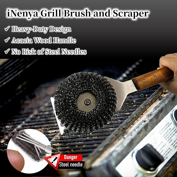 Grill Brush and Scraper for Barbecue โ Safe Bristle Free Stainless Steel BBQ Cleaner with Heavy Duty Scrubber Pad, Grill Accessories Steel Wool Scrubbers for Porcelain Gas Charcoal Grill