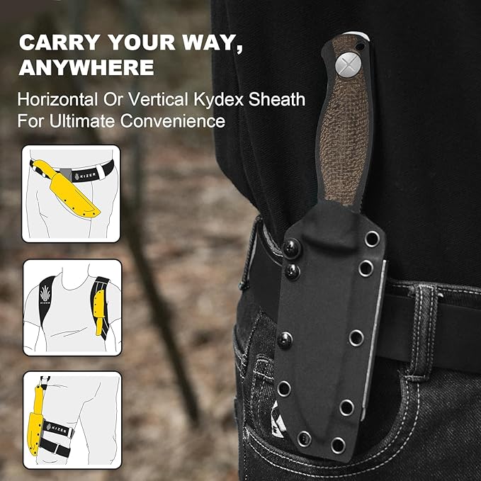Kizer Polaris Fixed Blade Knife, 4.23" AEB-L Steel Camping Knife with Brown Black Micarta & Black G10 Handle, Survival Hunting Bushcraft Knives with Adjustable Sheath & Sharpener, 1100A3