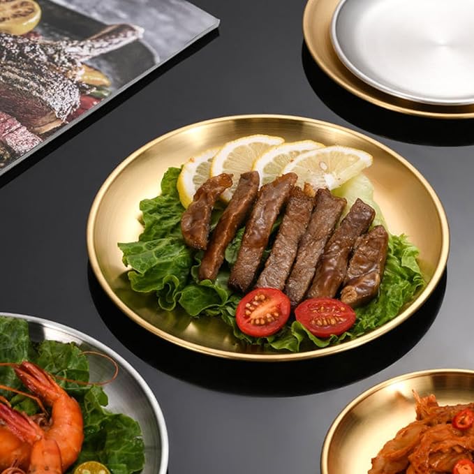 Stainless Steel Plates Metal Gold Dinner Plates Unbreakable Dinner Dishes Plates Set for Barbecue Kitchen Home Camping Outdoor Party (9inch 10Pcs)