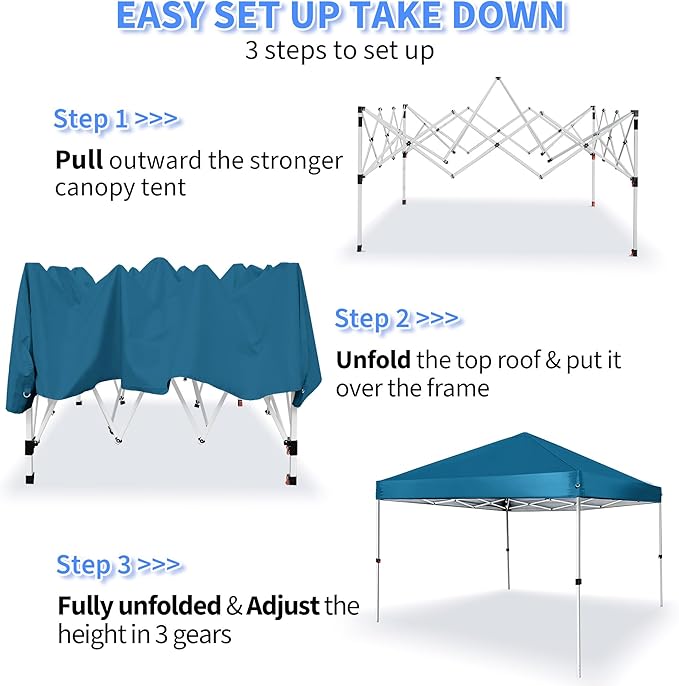 Pop Up Canopy 8X8 FT,Portable Sun Instant Shelter w/Backpack Bag,Waterproof,Adjustable Straight Leg Heights Canopies,Outdoor Tents for Parties,Camping,Commercial Event,Lake Blue