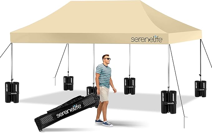 SereneLife Pop Up Canopy Tent 10x20 - Commercial Instant Shelter Foldable/Collapsible Sun Shade Canopy Pop Up Tent w/Waterproof Tent Top, Portable Carry Bag & Sand Bag - SereneLife SLGZ20K (Khaki)