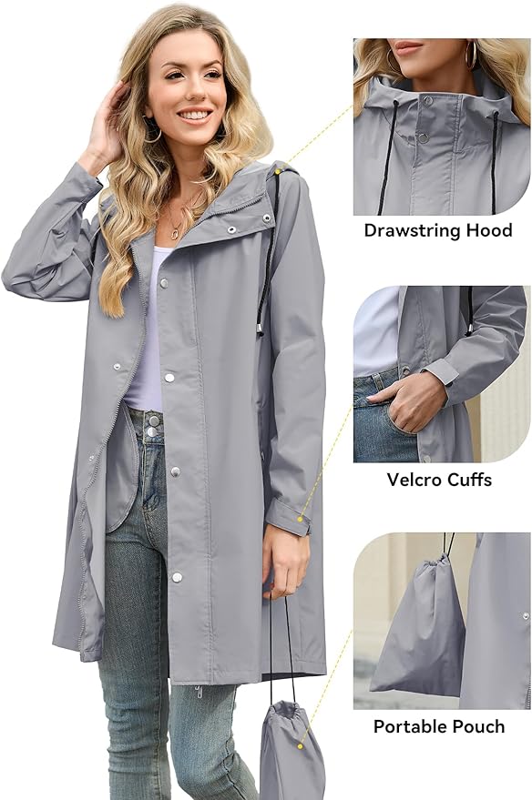 Zando Long Packable Rain Jacket Women Waterproof - Raincoat for Women Rain Coat with Hood Lightweight Outdoor Windbreaker