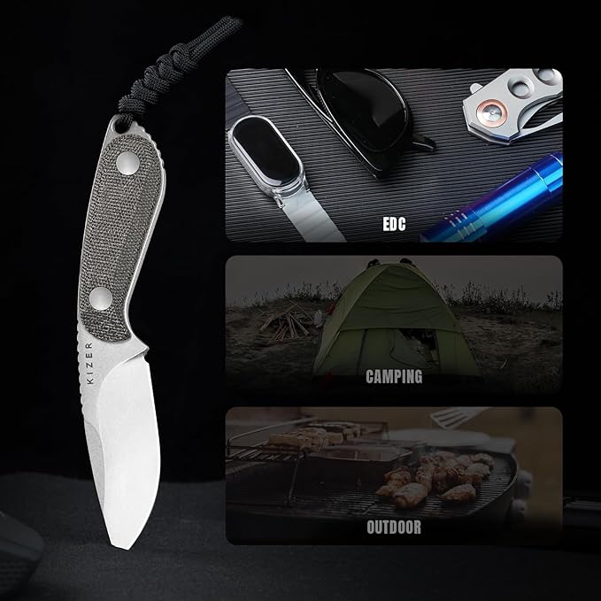 Kizer Buddy Fixed Blade Knife, 3" 14C28N Steel Camping Knife with Black Micarta Handle, Compact EDC Fixed Blade Knives with Sheath for Hiking & Camping 1081A8