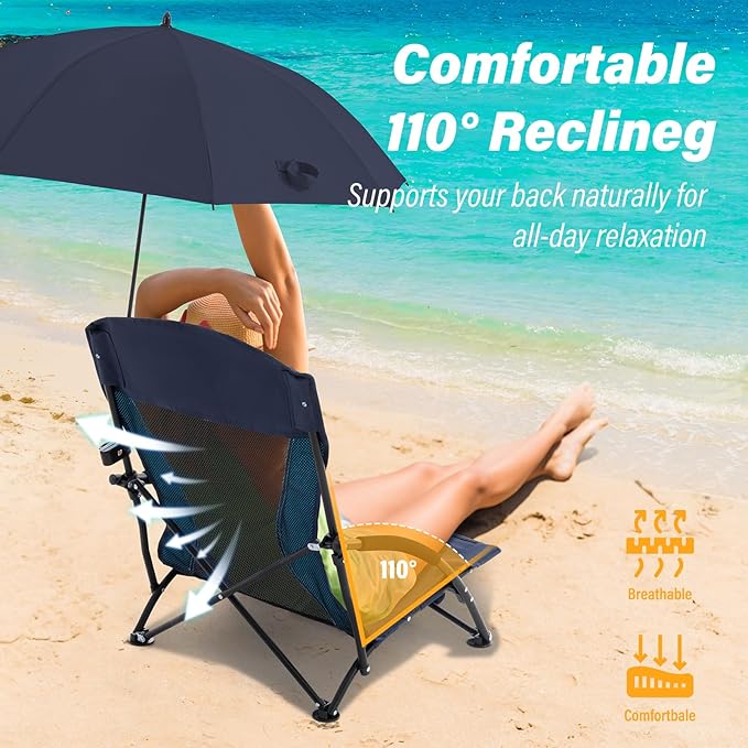 Homcosan Portable Low Folding Beach Chairs Set of 2 with Detachable Umbrellas - Lightweight Camping Chairs for Adults with Cup Holder & Storage Pockets, Carry Bag Included (Navy & Blue)