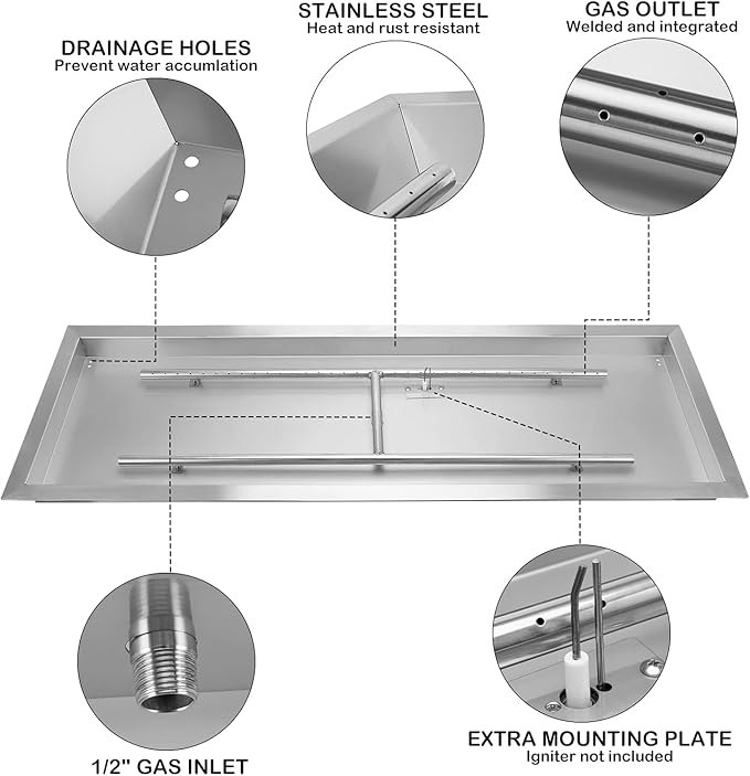 Stanbroil 48 x 14 Inch Rectangular Drop-in Gas Fire Pit Burner with Spark Ignition Kit for DIY Fire Pit Project, Propane Gas Version, 185,000 BTU Max