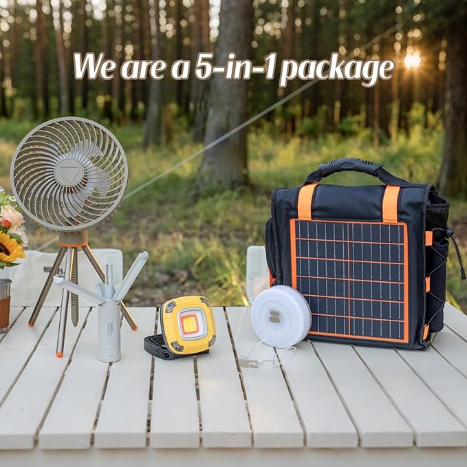 Solar Panel Charging Bag for Outdoor Camping, 10W 5V Charge for Phones and Device,Contains 1 Rechargeable Folding Fan and 3 Different Rechargeable Camping Lamps, 5 in 1 Camping Essentials Handbag