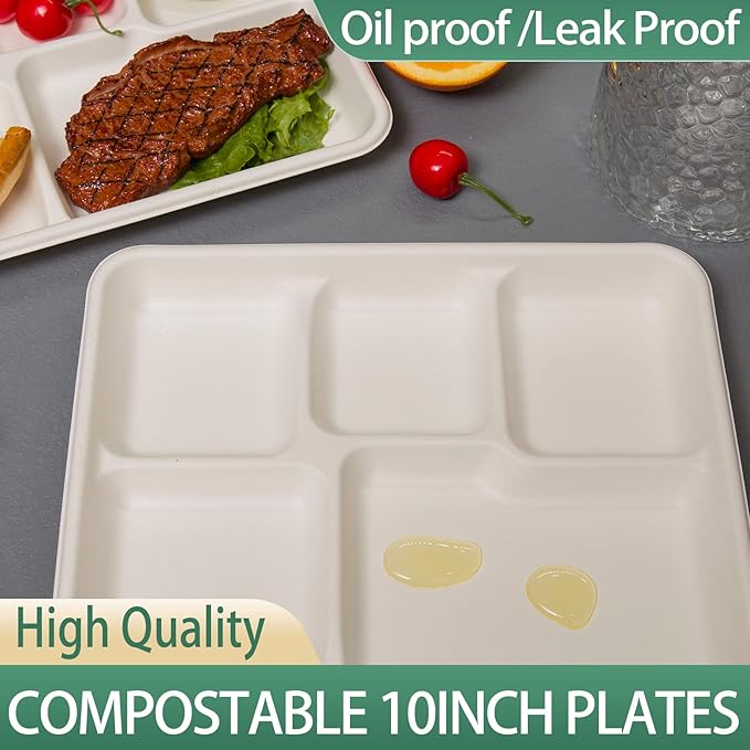 Small and Shallow 10.25 * 8.25inch 5 Compartment Plates 125pack, Disposable 5 Section eco friendly Sugarcane Divided Plates,School Lunch Tray And Disposable Plates With Compartment