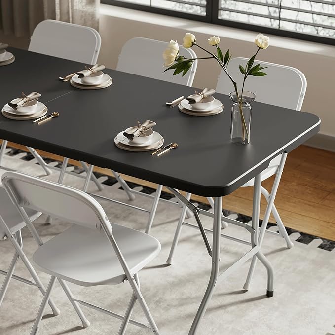 72' Folding Table, Collapsible Camping Table, Rectangular Picnic Table with Steel Frame, Stable Legs Design, Easy Carry and Storage, Plastic Outdoor Folding Tables for Indoor Outdoor, Black