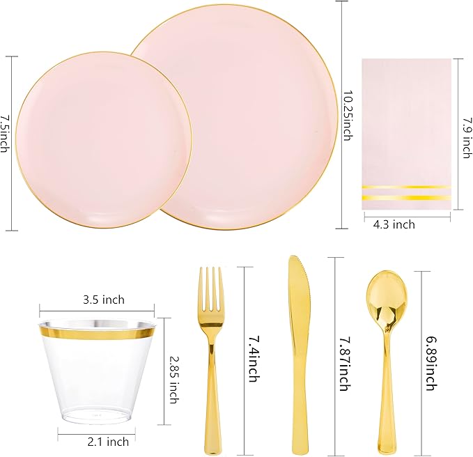 NOCCUR 350PCS Pink and Gold Plastic Plates - Pink Disposable Plastic Dinnerware Set for 50 Guests Include 50 Dinner Plates,50 Dessert Plates,150 Gold Cutlery,50 Cups&50 Napkins for Party&Wedding