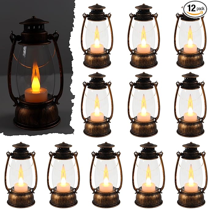 12Pcs Mini Lantern Decorative with Flickering LED Candle, 6Inch Small Western Lantern for Table Centerpiece, Vintage Hanging Candle Holders for Western Halloween Camping Party Decor (Brown)