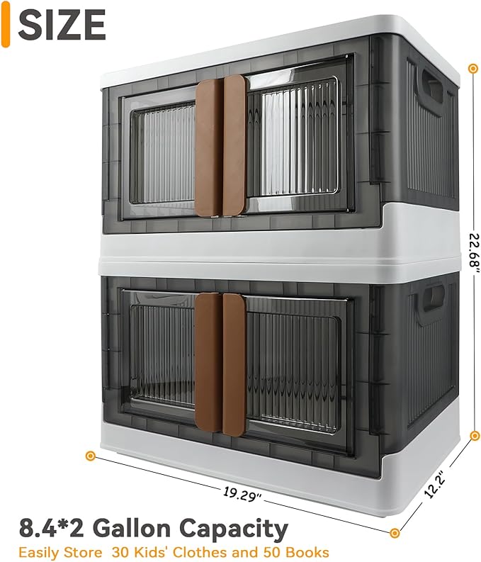 Storage Bin, Cabinet with Lids, Home Organizer, Single 8.4 Gallon Capacity, 2 Pack, With Double Door, Bottom Wheels, Foldable, Transparent, Dustproof
