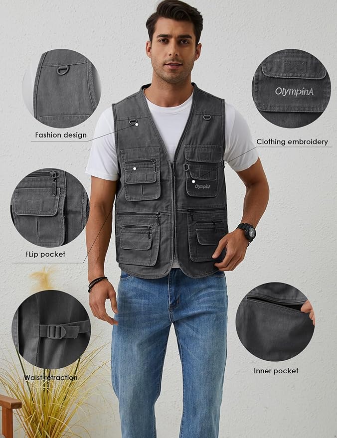 Gihuo Men's Fishing Vest Casual Utility Travel Safari Cargo Outdoor Work Photo Fly Vest Jacket with Multi Pockets
