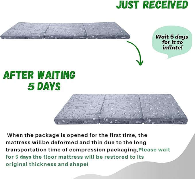 MeMoreCool Glow Dinosaur Foldable Floor Mattress for Kids, Trifold Nap Mat for Toddlers, Portable Daycare Sleeping Futon or Floor Bed, 63x26 Inch
