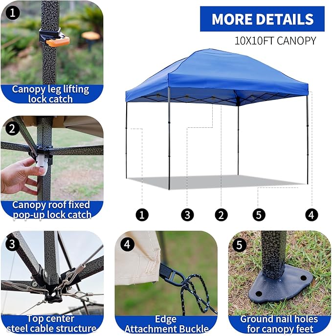 10x10 Pop Up Canopy Tent with 2 Sidewalls, Easy Up Canopy Outdoor Party Sun Shade Tent Portable Gazebo for Beach Camping Events with Carry Bag and 4 Sand Bags(Blue)